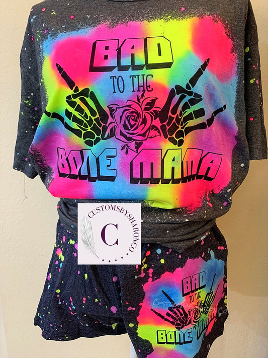 Bad To The Bone Mama With Skeleton Hands Reverse Tiedye Tee